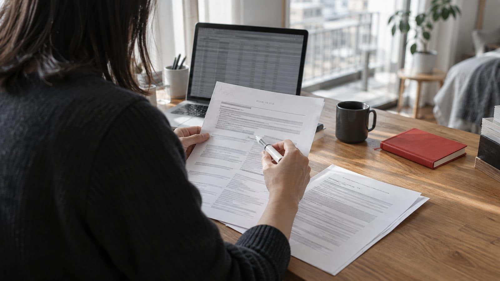 Reading a printed Japanese regulation at a desk